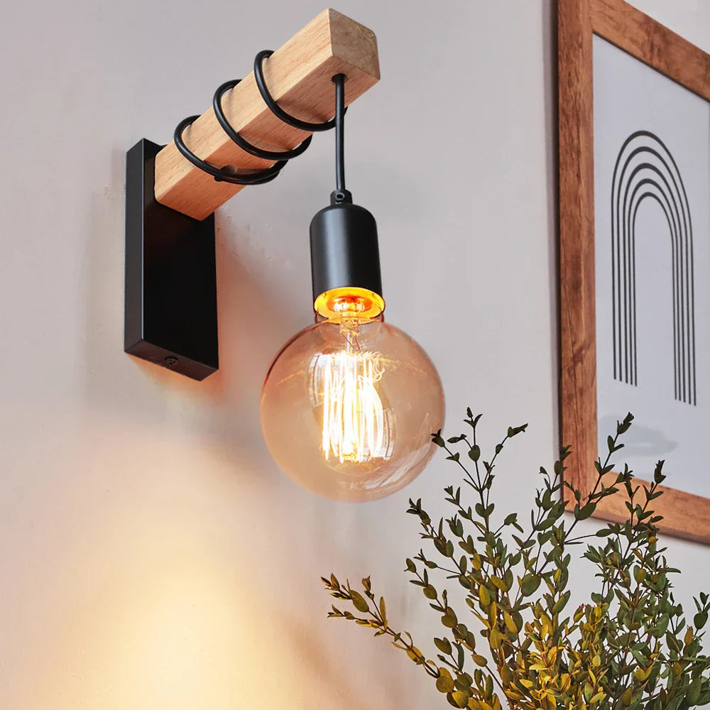 Rustikale Wandleuchte Innen aus Holz und Eisen - Schwarze LED Wandleuchte für Gemütliche Beleuchtung in jedem Raum-2