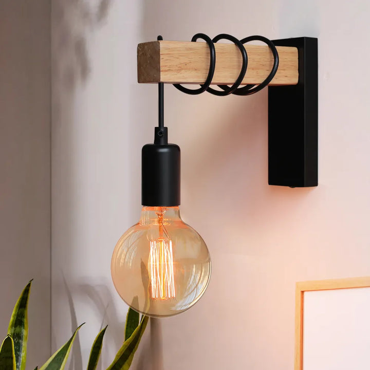 Rustikale Wandleuchte Innen aus Holz und Eisen - Schwarze LED Wandleuchte für Gemütliche Beleuchtung in jedem Raum-5