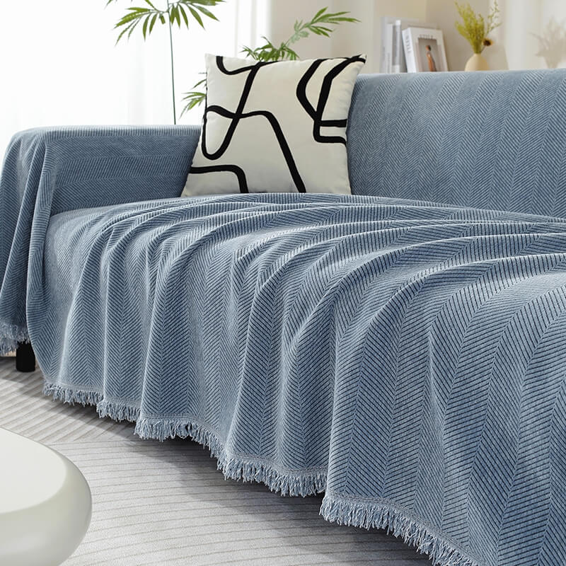 Variant image for Chenille Decke mit Quasten im Fischgrätmuster - Gemütliche Wurfdecke in verschiedenen Größen für Sofa und Bett-1