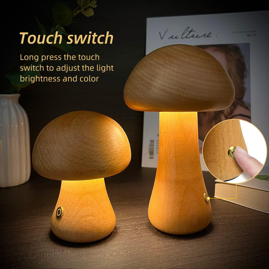 LumoNight | LED-Nachtlicht in Pilzform aus Holz mit Touch-Schalter