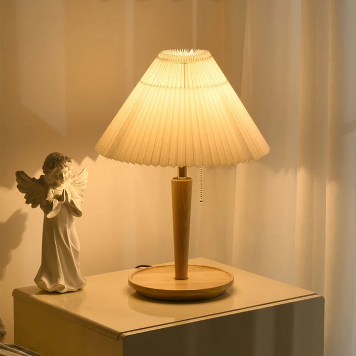 Vintage Tischlampe aus Walnuss-Holz mit Plissiertem Stoffschirm, E27-Fassung - Elegante LED Tischleuchte für Nachttisch und Beistelltisch-5