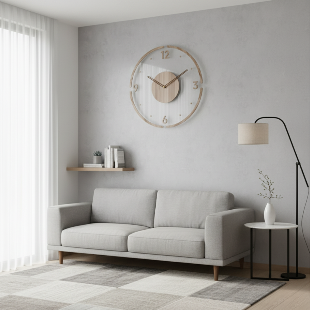 Moderne Wanduhr aus Holz und Acryl - Minimalistischer Hingucker mit Lautlosem Uhrwerk, 30 cm Durchmesser, Schwarz 1