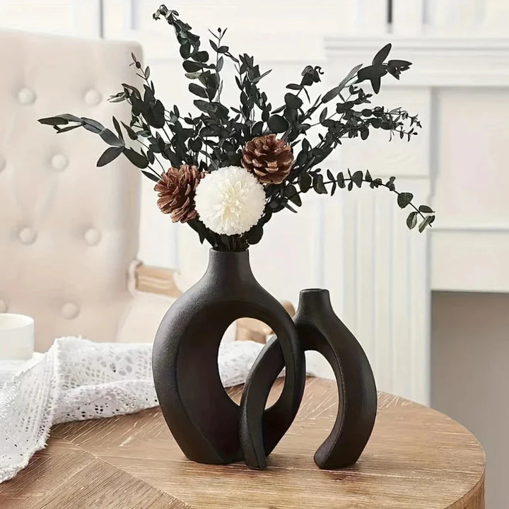 Variant image for Boho Keramik Vasen Set - 2 Weiße Hohlblumenvasen in 20 cm und 15 cm für Stilvolle Wohnräume-2