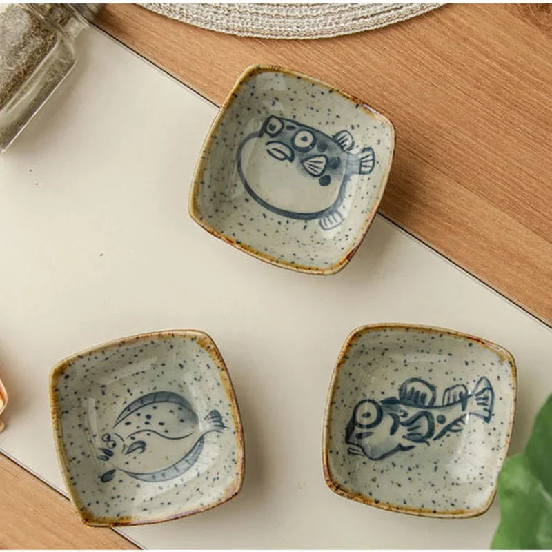 Retro Keramikplatte im Japanischen Fisch- und Garnelen-Design – Hochwertige Keramik für Snacks und Sojasauce-6