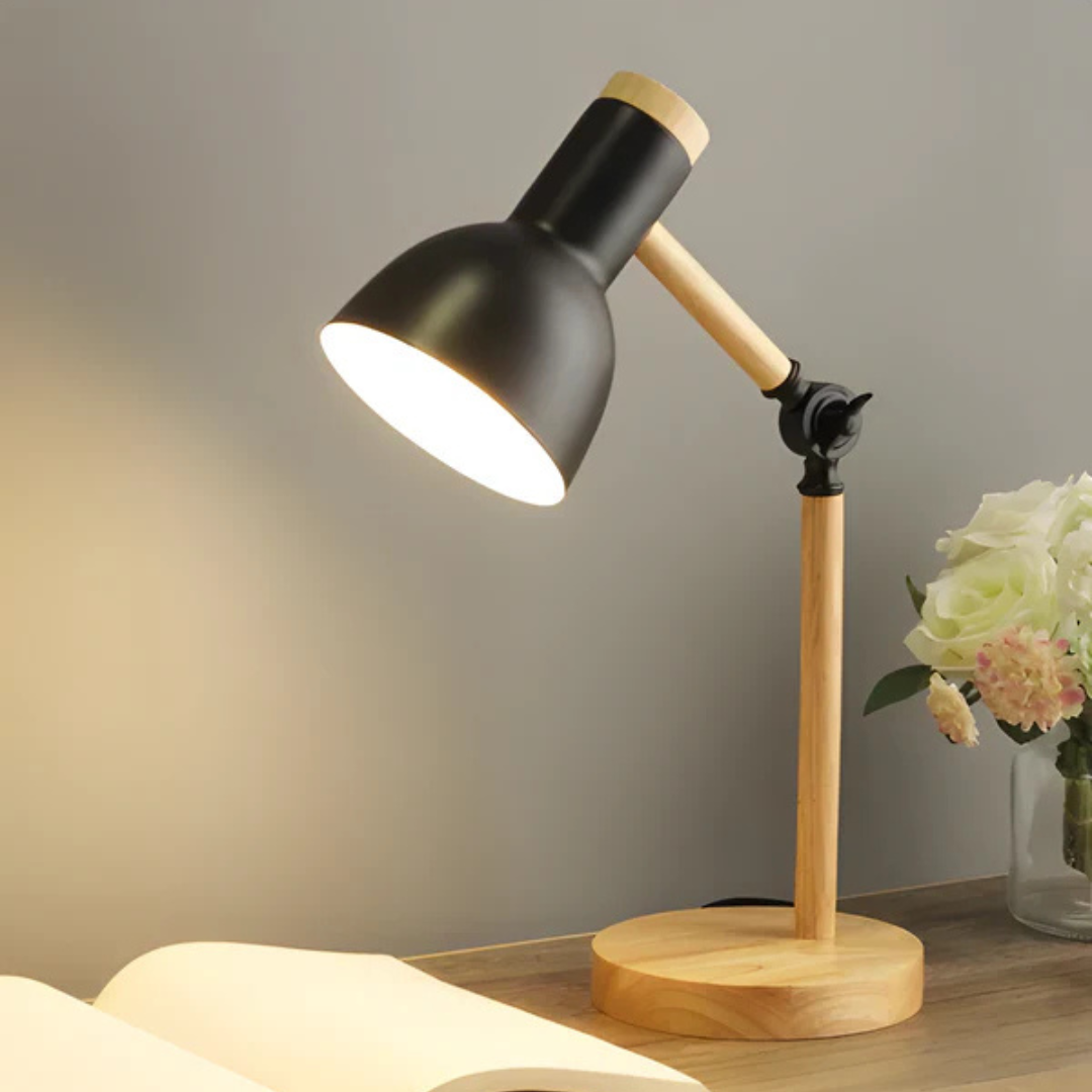 Verstellbare LED Tischlampe aus Holz und Metall, Moderne Nachttischlampe für Schlafzimmer und Arbeitszimmer, E27-LED inkludiert, 3000K 3