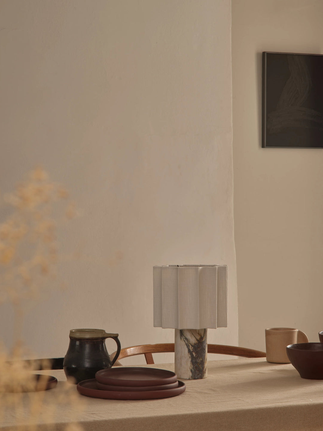 Wiederaufladbare Tischlampe aus Viola Calacatta Marmor mit Leinenlampenschirm - Kabellose Tischleuchte, Dimmbare Akku Tischlampe 1