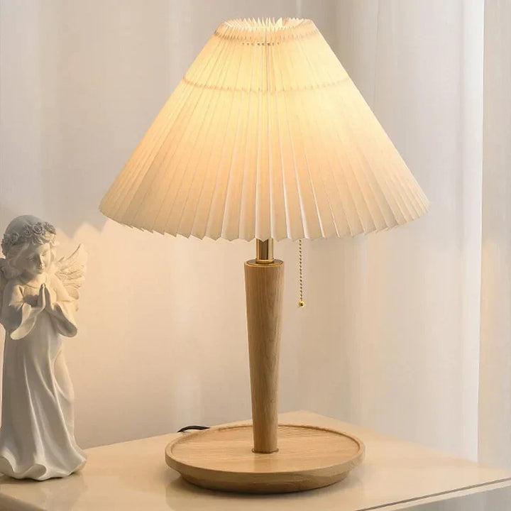 Vintage Tischlampe aus Walnuss-Holz mit Plissiertem Stoffschirm, E27-Fassung - Elegante LED Tischleuchte für Nachttisch und Beistelltisch-6