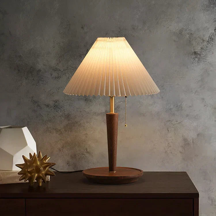 Vintage Tischlampe aus Walnuss-Holz mit Plissiertem Stoffschirm, E27-Fassung - Elegante LED Tischleuchte für Nachttisch und Beistelltisch-2