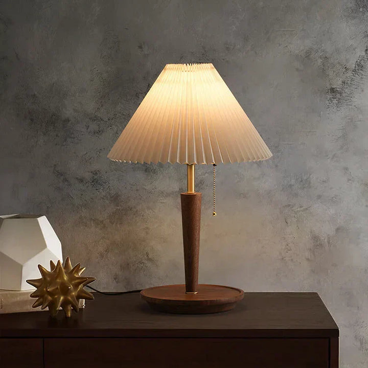 Vintage Tischlampe aus Walnuss-Holz mit Plissiertem Stoffschirm, E27-Fassung - Elegante LED Tischleuchte für Nachttisch und Beistelltisch-2