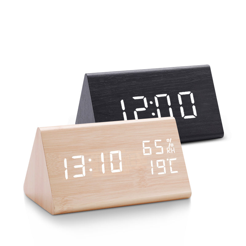 Moderner Funkwecker Digital aus Holz mit LED-Anzeige, Minimalistisches Design, Temperaturanzeige und Geräuschaktivierung-3